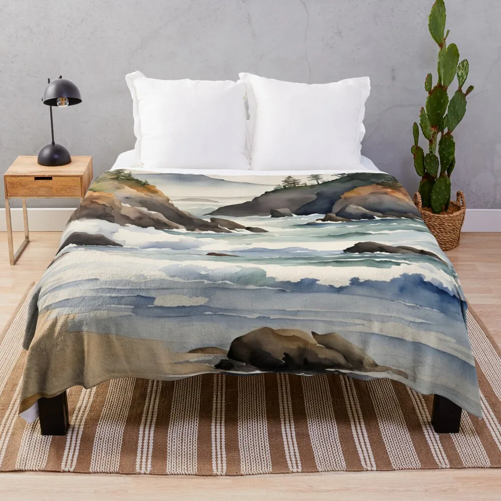 Oregon Coast Watercolor Beach Scene Throw Blanket Single for babies manga christmas decoration Blankets