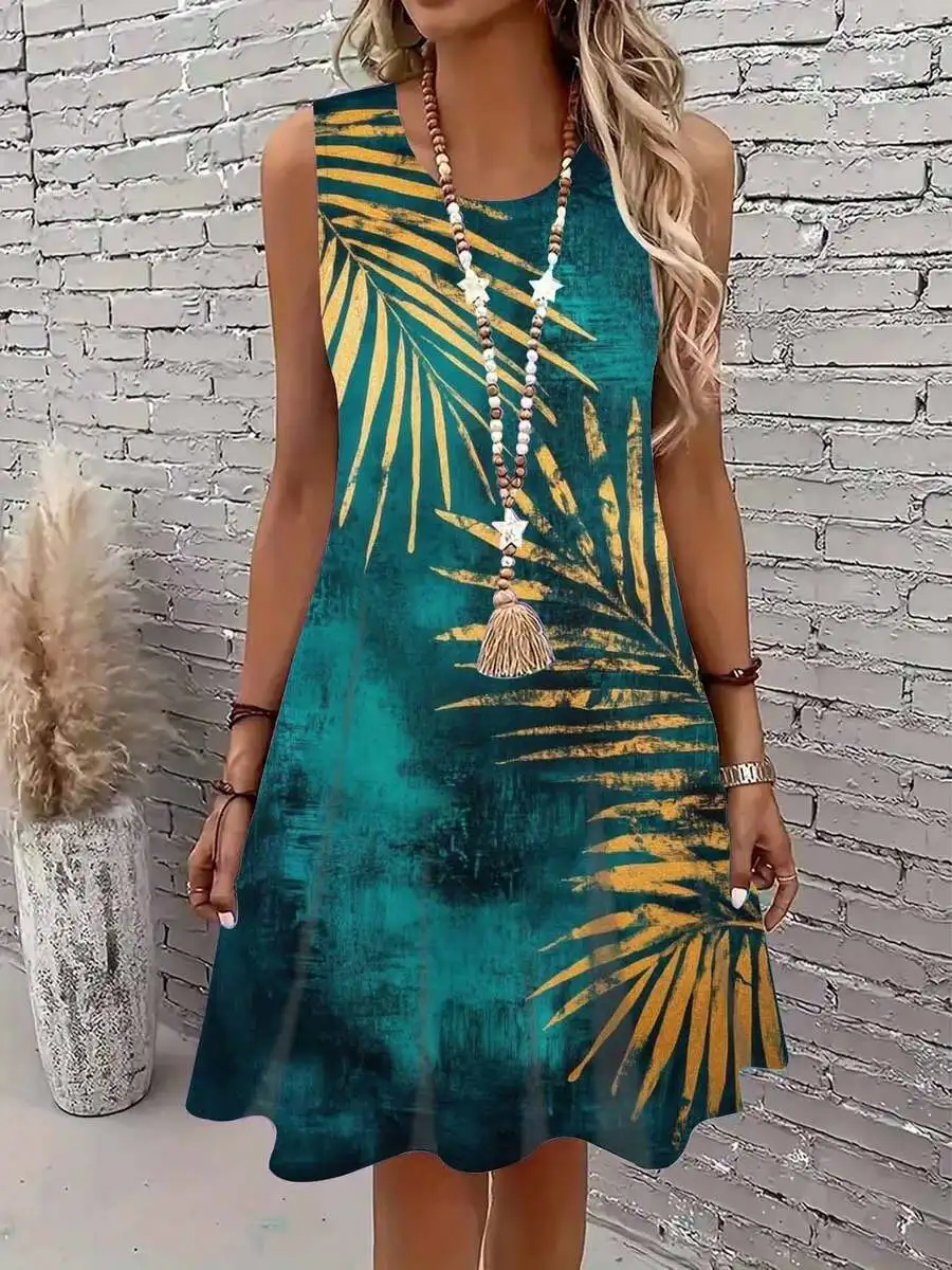 

Tropical Palm Leaf Print Sleeveless Dress With Tassel Necklace For Casual Wear