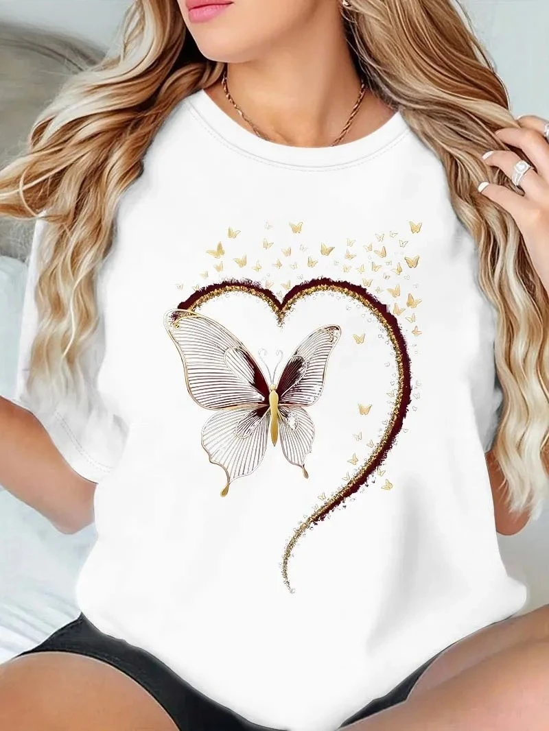 White Crew-neck T-shirt, Decorated with Butterfly and Heart Prints – A Romantic, Fashionable, and Nature-inspired Theme.women