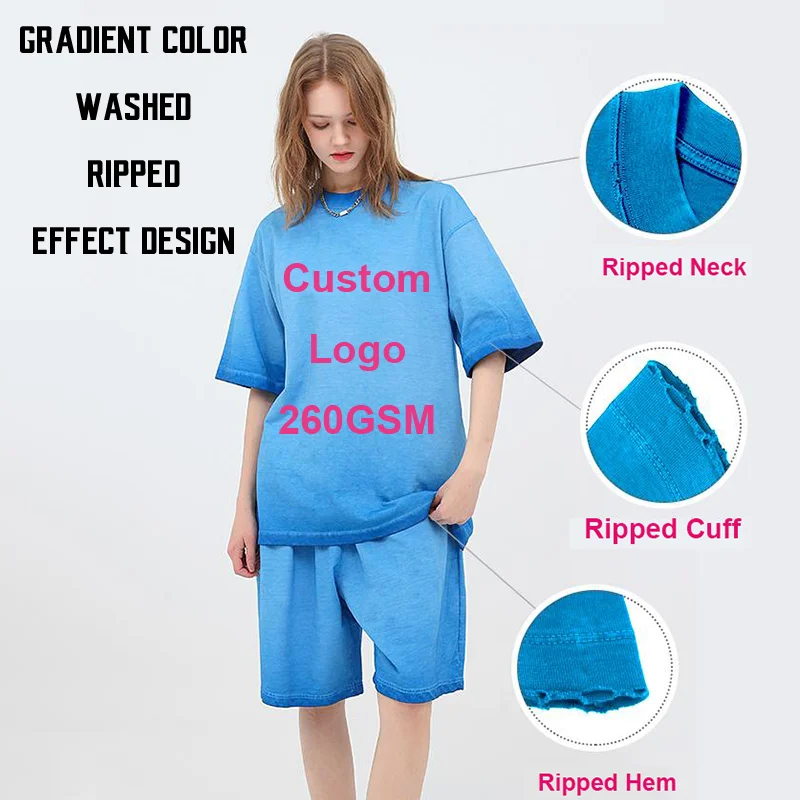 260GSM Ripped Custom LOGO Gradient Washed T shirts  Hip Hop  Color Retro Street wear 100% Cotton T shirt