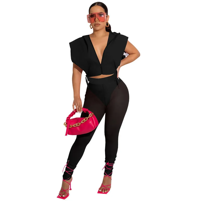 

Women 2 Two Piece Set Zippers Hooded Crop Top High Waist See Through Mesh Pants Sexy Party Clubwear Matching Outfits Dropship