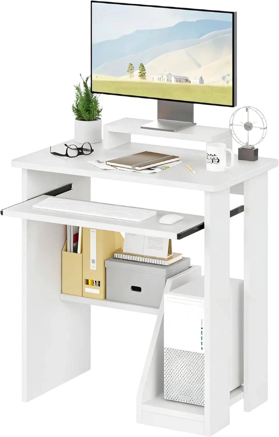 

Small Computer Desk with Keyboard Tray and Monitor Stand, 30" Study Writing Desk with Storage Shelves for Small Spaces, White