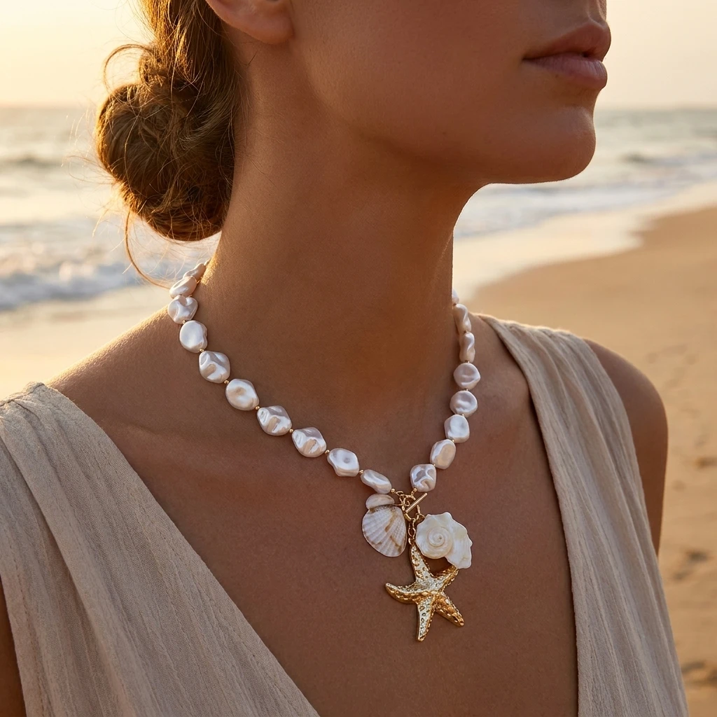 

Exaggerated Imitation Pearl Conch Pendant Necklace for Women Boho Shell Starfish OT Toggle Clasp Choker Chain Party Jewelry Gift