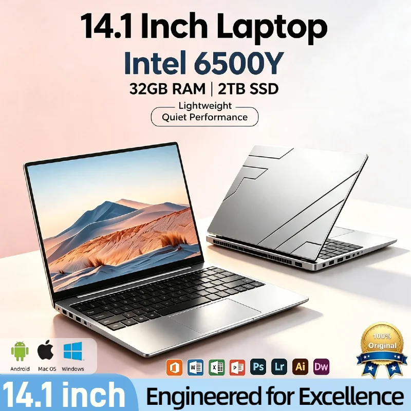 Intel 6500Y 14.1 Inch Ultra Light Laptop 32GB RAM 2TB PCIe SSD 2C4T 1.1 3.4GHz 5000mAh Backlit Fingerprint Pro Max HD