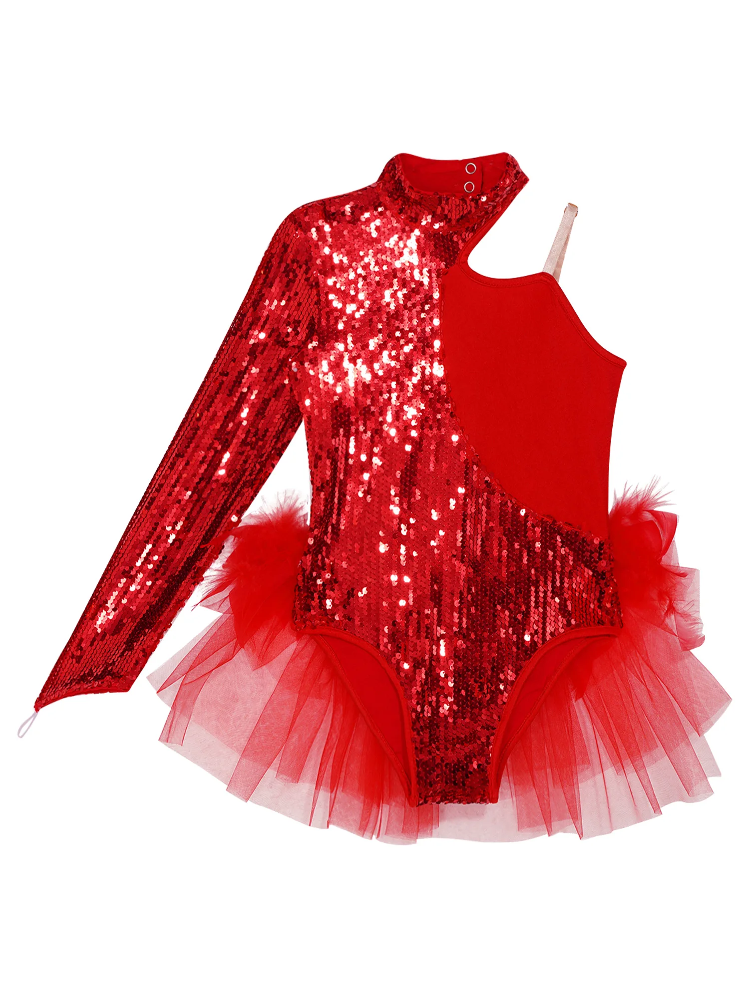 Kids Girls Shiny Sequin Moden Latin jazz Leotard Dress One Shoulder Long Sleeves Tulle Skirted Bodysuit Ballet Dance Costume