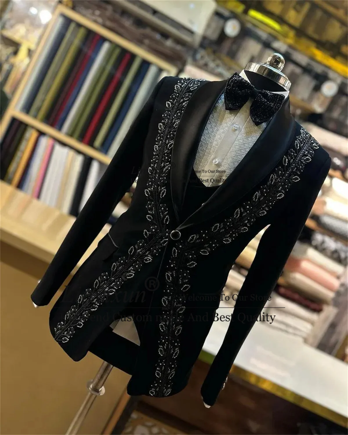 Black Hand Luxury Beaded Crystals Men Suits Shawl Lapel Groom Wedding Tuxedos 3 Pieces Sets Male Prom Blazers Slim Costume Homme