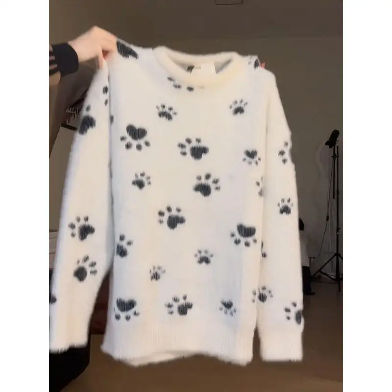 Outono inverno menina camisola bonito doce cão pata jacquard estilo preppy manter quente topos macio e pegajoso solto estudante capuz malhas