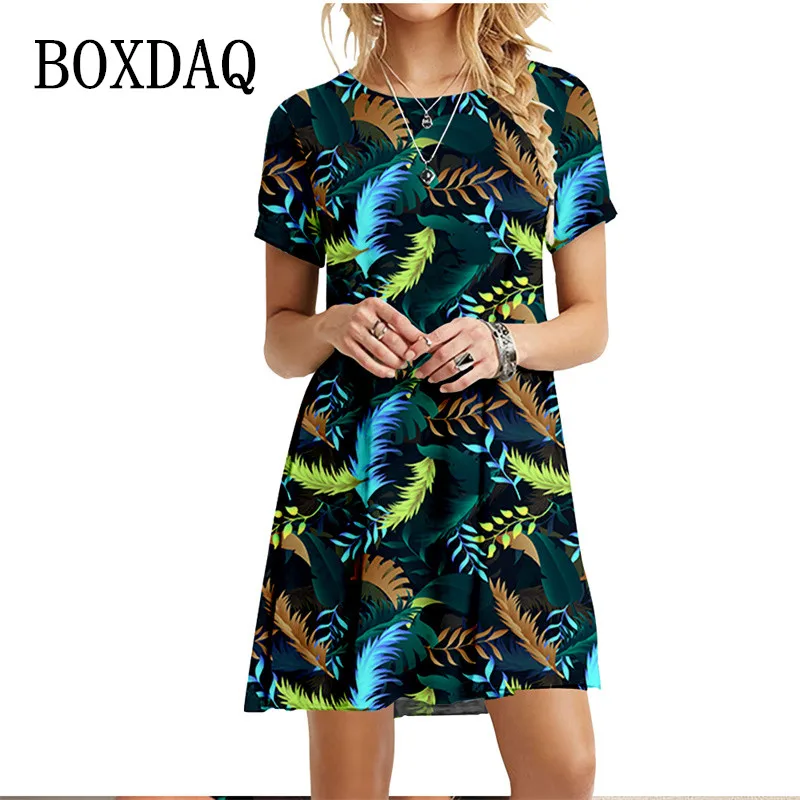 Dresses For Summer 2022 New Women Beach Dress Palm Leaves Feather Print Dress Streetwear Casual Loose Ladies Oversized Clothing