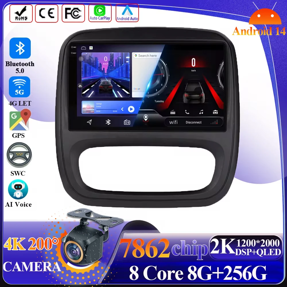 Rádio Automotivo Android 15 para Renault Traffic 3 e Opel Vivaro B 2014-2018 com Carplay, Navegação GPS, Estéreo, Android Auto, 4G, Wifi e Multimídia