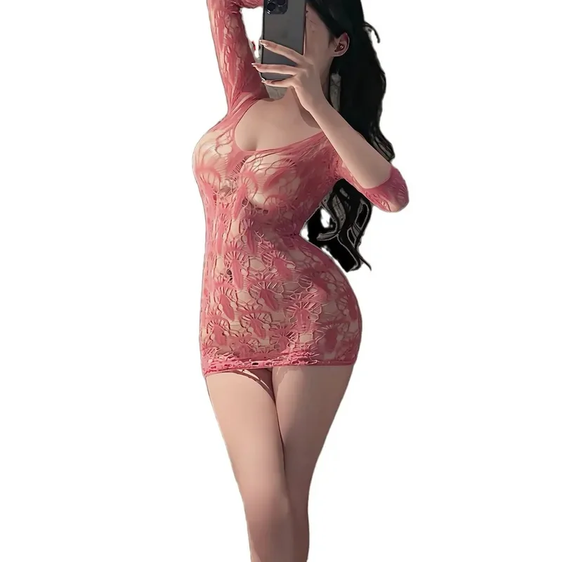 セクシーな女性ショートミニドレスメッシュレース薄手の中空アウト袖オープンクロッチジャカード純粋な欲望パジャマドレスエレガント