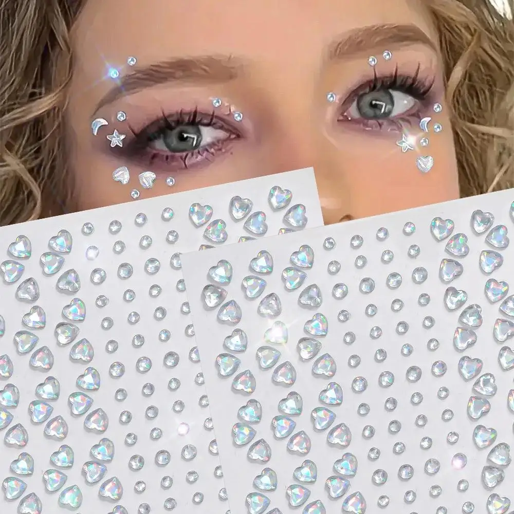 1sheet 3D Dream Color Love-Heart Gem Tattoo Stickers Round Diamond Temporary Tattoos DIY Eyes/Face/Hair/Makeup Jewelry Decals