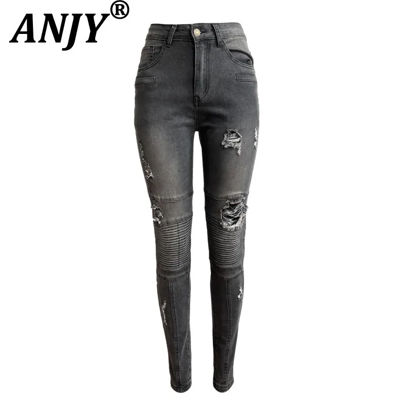 

ANJY, осенние новые женские американские модные джинсы с эластичными дырками, мотоциклетный стиль, уличная одежда, модные джинсовые брюки-карандаш A11383
