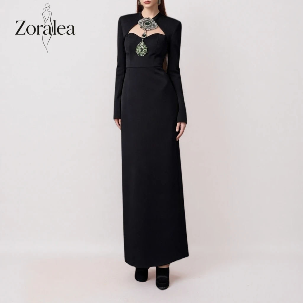 

Zoralea Jewel Neck Long Sleeve Bandage Maxi Dress Black Solid Color Luxury Rhinestone Evening Gown for Wedding Guest Bridesmaid