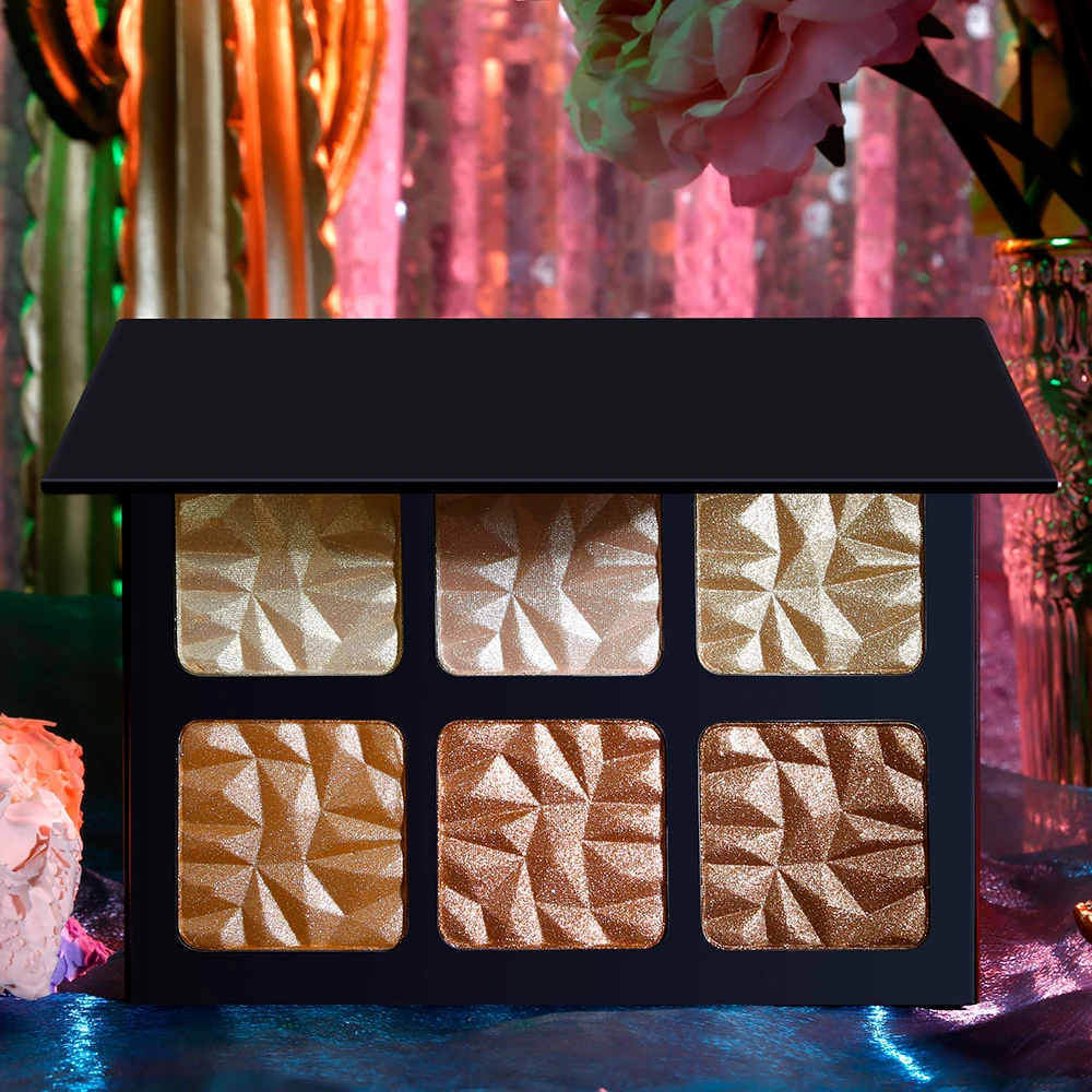 

Custom 6-color Highlighter Palette with Mirror Custom Logo Brighten Shimmer Waterproof Long Lasting Private Label Makeup Vegan