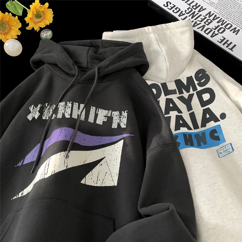 Autumn Winter New Hoodies for Men Oversized Hoodie Sweatshirt Letter Graphic Hip Hop Loose Casual Tops Simple Harajuku Hooded