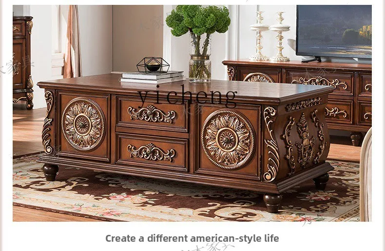 

TQH coffee table solid wood TV cabinet American carved floor cabinet retro gold painting living room complete