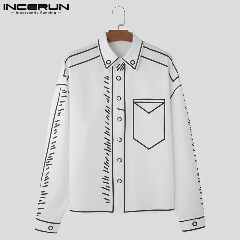 Handsome Hot Sale Clothing INCERUN Men's 2024 Manga Cartoon Printed Line Shirt Fashion Hot Sale Loose Long Sleeved Blouse S-5XL