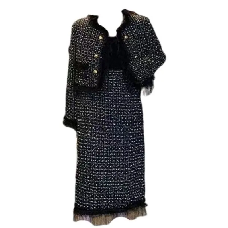 Women Vintage Tweed Winter Suit Jacke Coat Top And Long Skirt Two Piece Set Matching Outfit Jacquard Formal Occasion Clothing