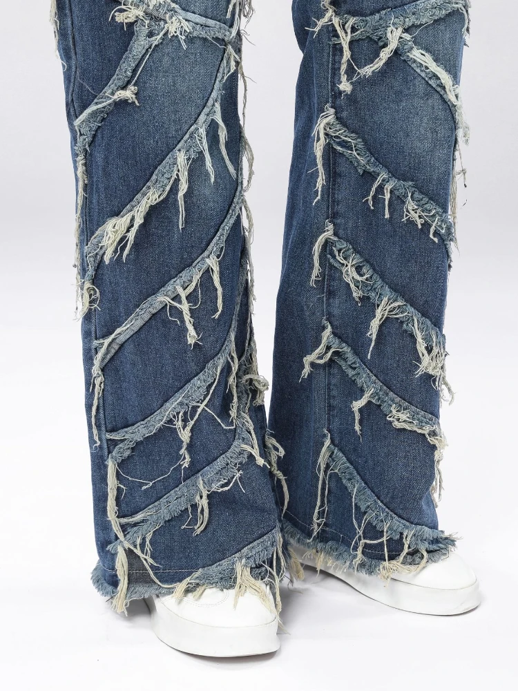 Men's Casual Style Biker Jeans Stylish Splicing Loose Straight Denim Pants American Retro HipHop Street Male Fringe Trousers