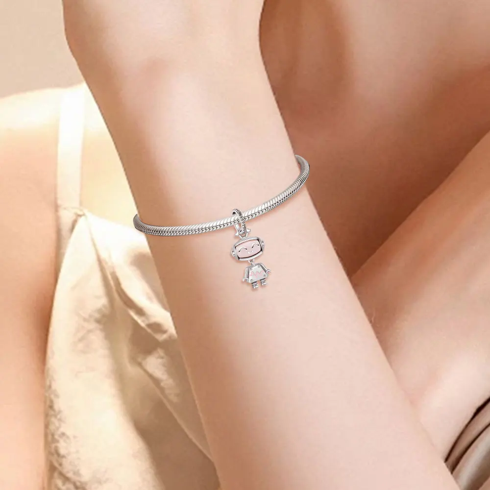 New 925 Sterling Silver Charms Rolling Face-Changing Robot Pendant Fits Original Bracelet DIY Jewelry Outfit Gift For Women