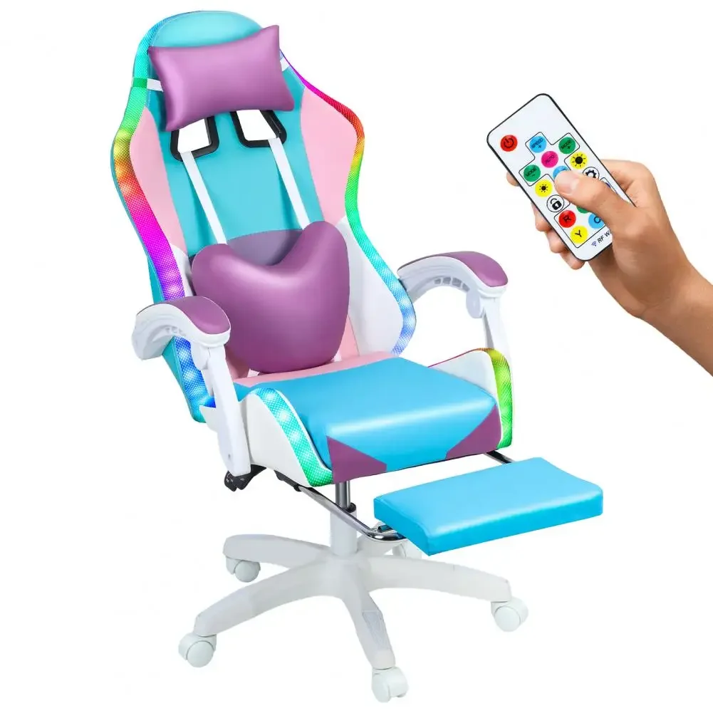 Gaming Chair 360 Degree Rotation Office Chair With RGB LED Lights Height Adjustable Girl Video Chair With Massage And Footrest