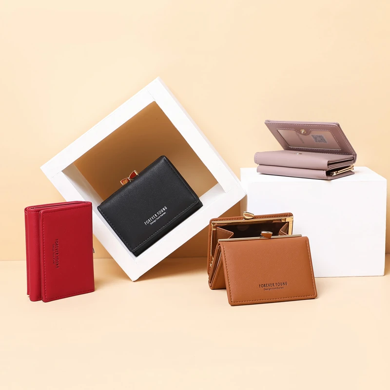 Cute Leather Women's Three-Fold Short Wallets Small Coin Purses Female Hasp Money Clutch Bag Card Holders with Free Shipping