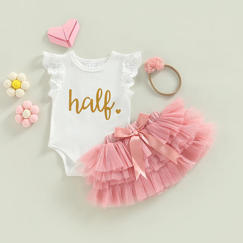 

0-12M Baby Girls Summer Outfit Sets White Flying Sleeve Letter Print Romper Tulle Skirt + Headband