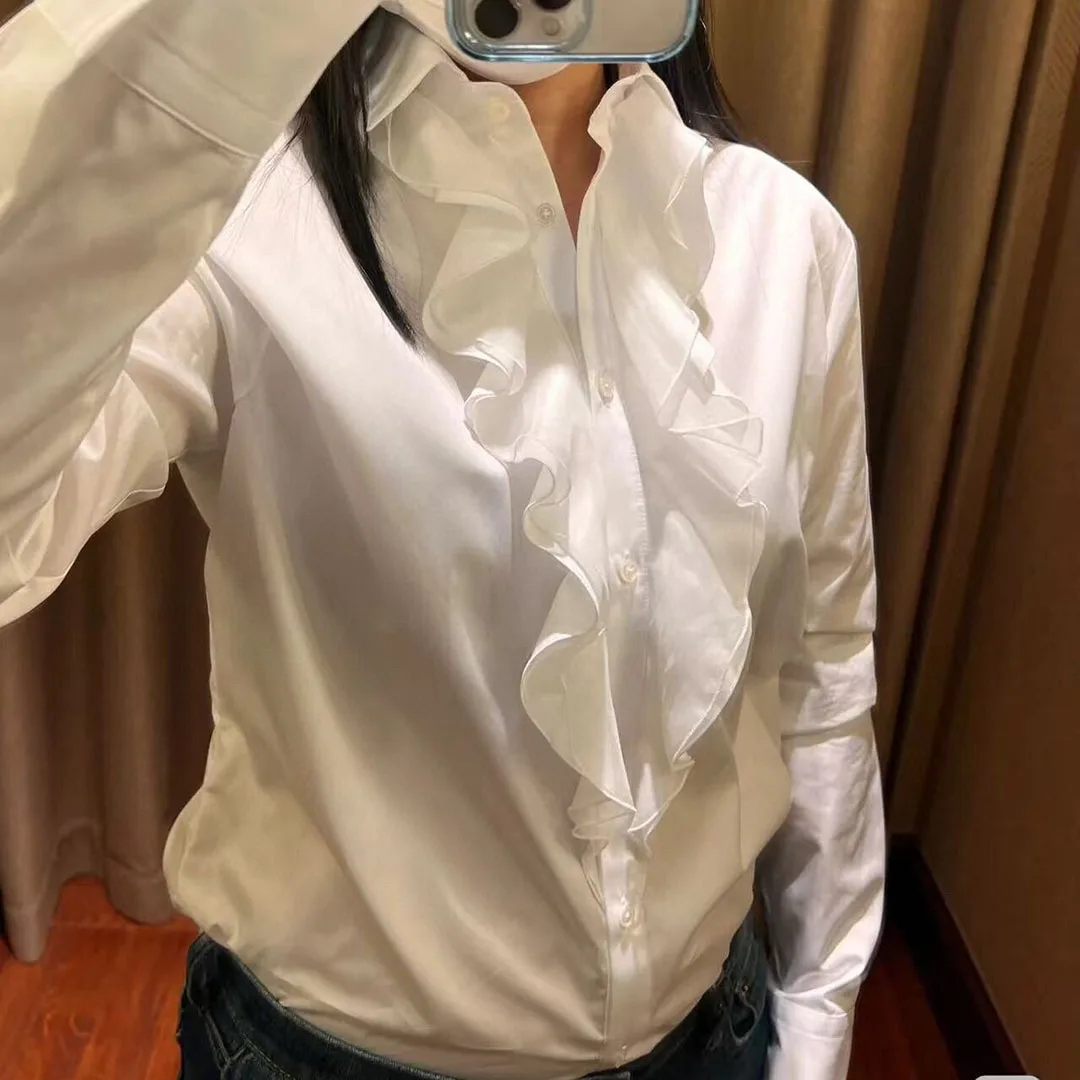 

French Elegant Lady 2025 New Autumn Retro White Cotton Shirt Women Lapel Ruffles Decoration Long Sleeve Loose Casual Cute Tops