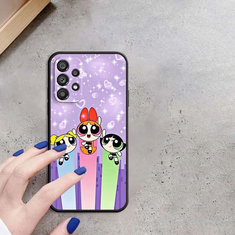 CuteThe P-Powerpuff G-Girls لسامسونج A73 A72 A71 A55 A54 A53 A52 A51 A13 A22 A16 A15 A05s A14 A05 A06 5G حافظة هاتف سوداء