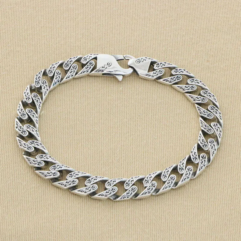 Retro Tang Grass Pattern Pure Silver Bracelet for Men and Women, Simple and Personalized S925 Silver Necklace, Hip Hop Punk Silv