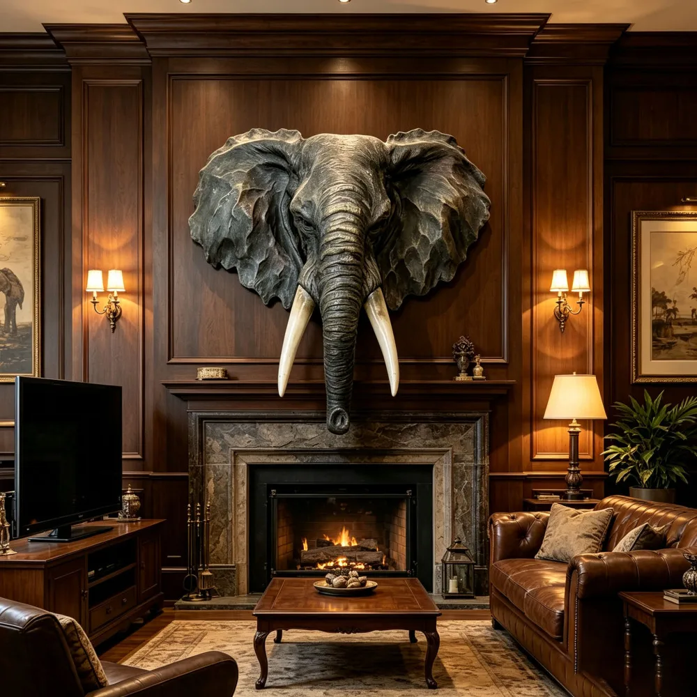Resin African Elephant Head Wall Sculpture, 15.75 Inch Wide Realistic Elephant Bust Wall Decor, Vintage Animal Wall Art Ornament for Home Living Room Decoration