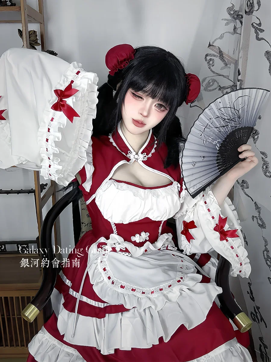 

L-5XL Large Size Lolita Maid Uniform Red New Chinese Cheongsam Cos Dress Girls Sweet Bow Sexy A-line High Waist Short Dresses