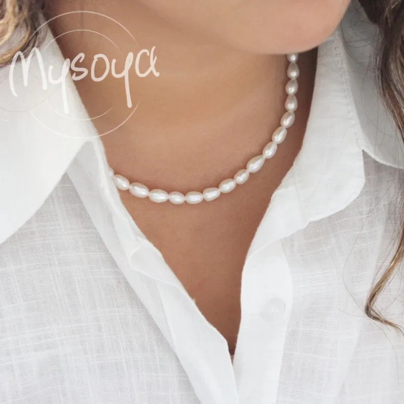 

MYSOYA White Rice-Shaped Freshwater Pearl Necklace 5-6mm/6-7mm/7-8mm With Gift Box For Her/Him Birthday/Wedding/Christmas Gift