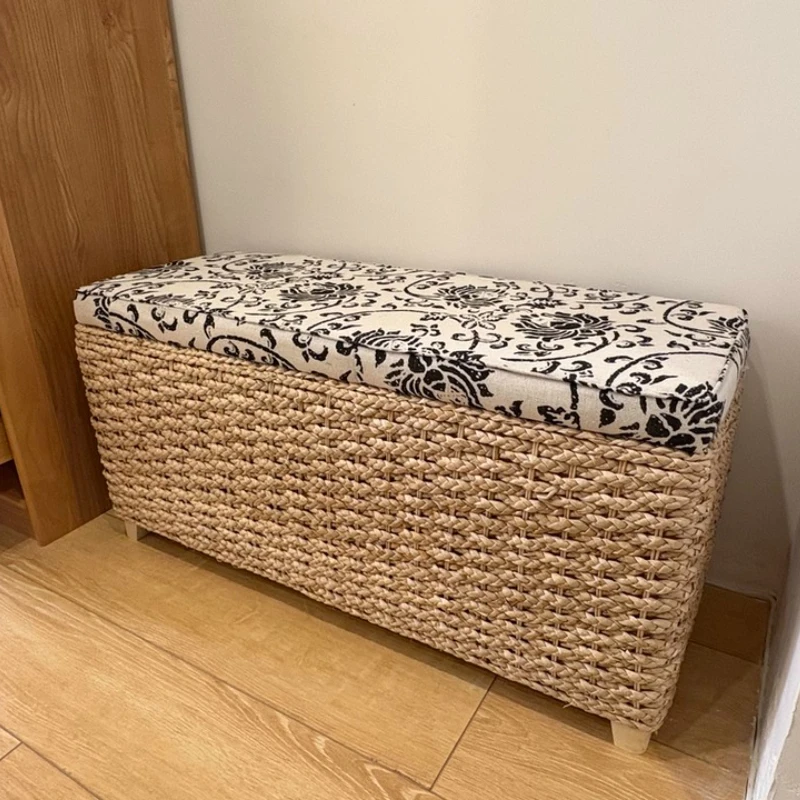Woven Rattan Entryway Bench with Storage Premium Feel Hallway Ottoman Modern Living Room Storage Stool Long Bedroom Shoe Bench