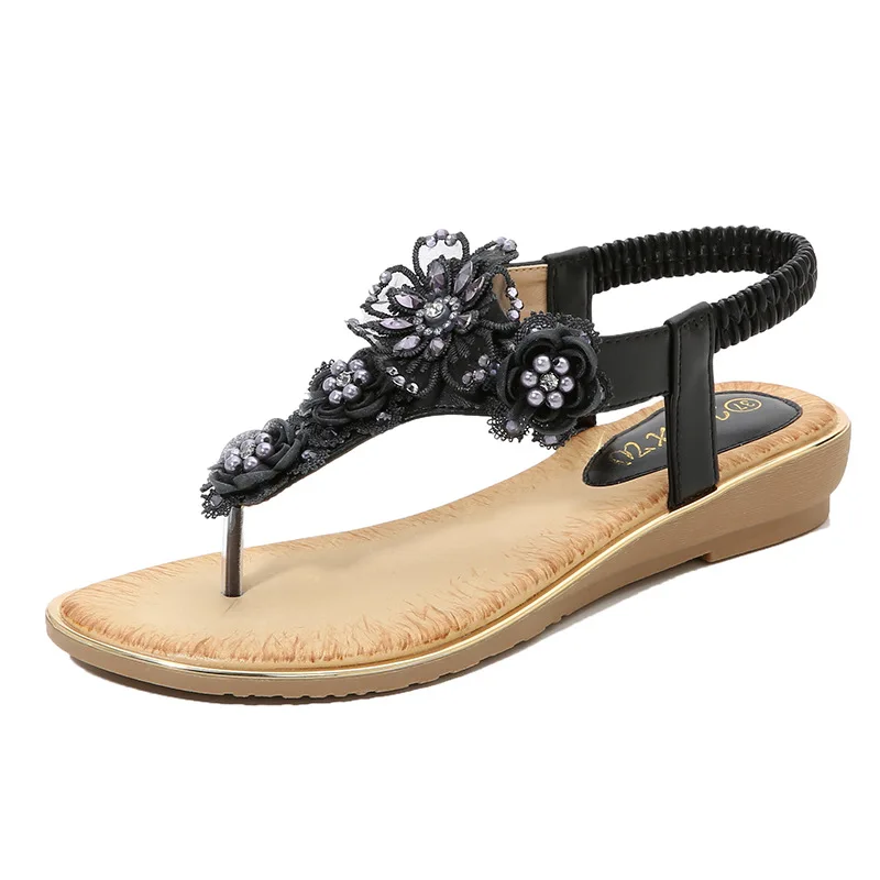 Plus Size Shoes for Women 36-45 Summer Elegant Women Sandals Rhinestone Floral Beach Boho Style Shoes Flip Flops Sandalias