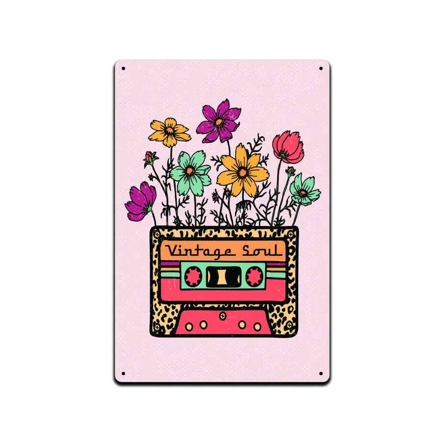 Vintage Soul 12 X 8 Metal Sign Weatherproof Waterproof Cassette Tape Flower Art Wall Décor Entryway Groovy Hippie Peace Flower R