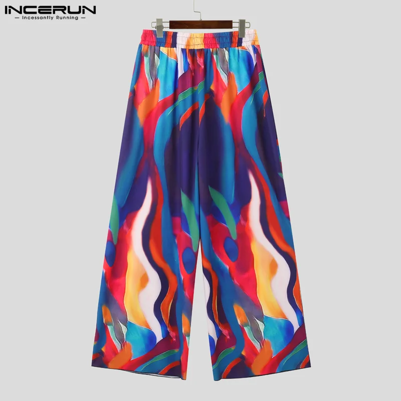 INCERUN Men\'s Wide Leg Pants Colorful Printing Drawstring Joggers Loose Casual Trousers Men Streetwear 2024 Fashion Long Pants