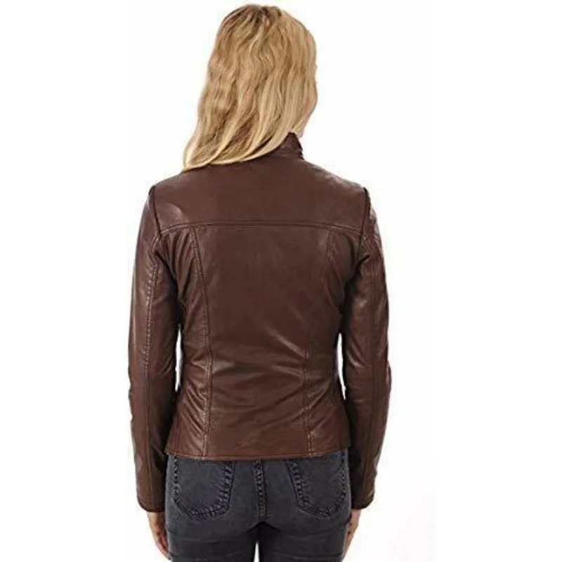 Classic Women's Genuine Lambskin Real Leather Jacket Slim Fit Biker Brown Coat