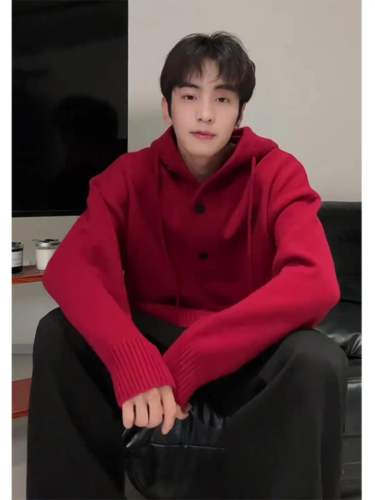 

Ankela Red Hoodie Knitted Sweater Men's Autumn Winter Lazy Sle Cleanfit Korean System High-End Feeling Knitted Coat Jaet