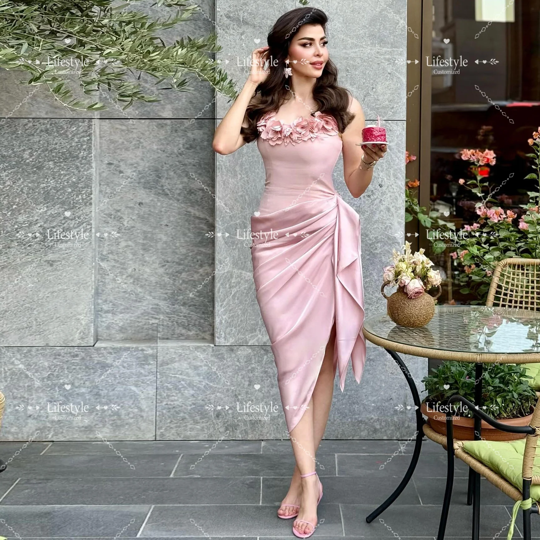 

Customized Spaghetti Straps Evening Dresses 2025 with 3D Flowers Elegant Party Gown Pleated Side Slit Wedding Prom Dress