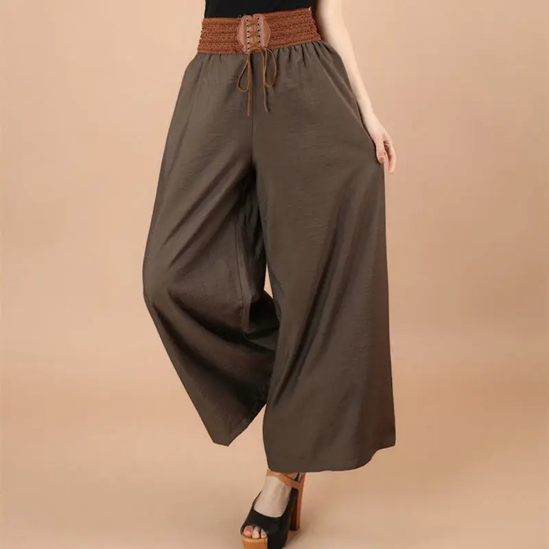 Korea Vintage Fashion Summer Women Pants Wide Leg Casual Loose Elastic Waist High Solid Drawstring Lace Up Ethnic Style Trousers