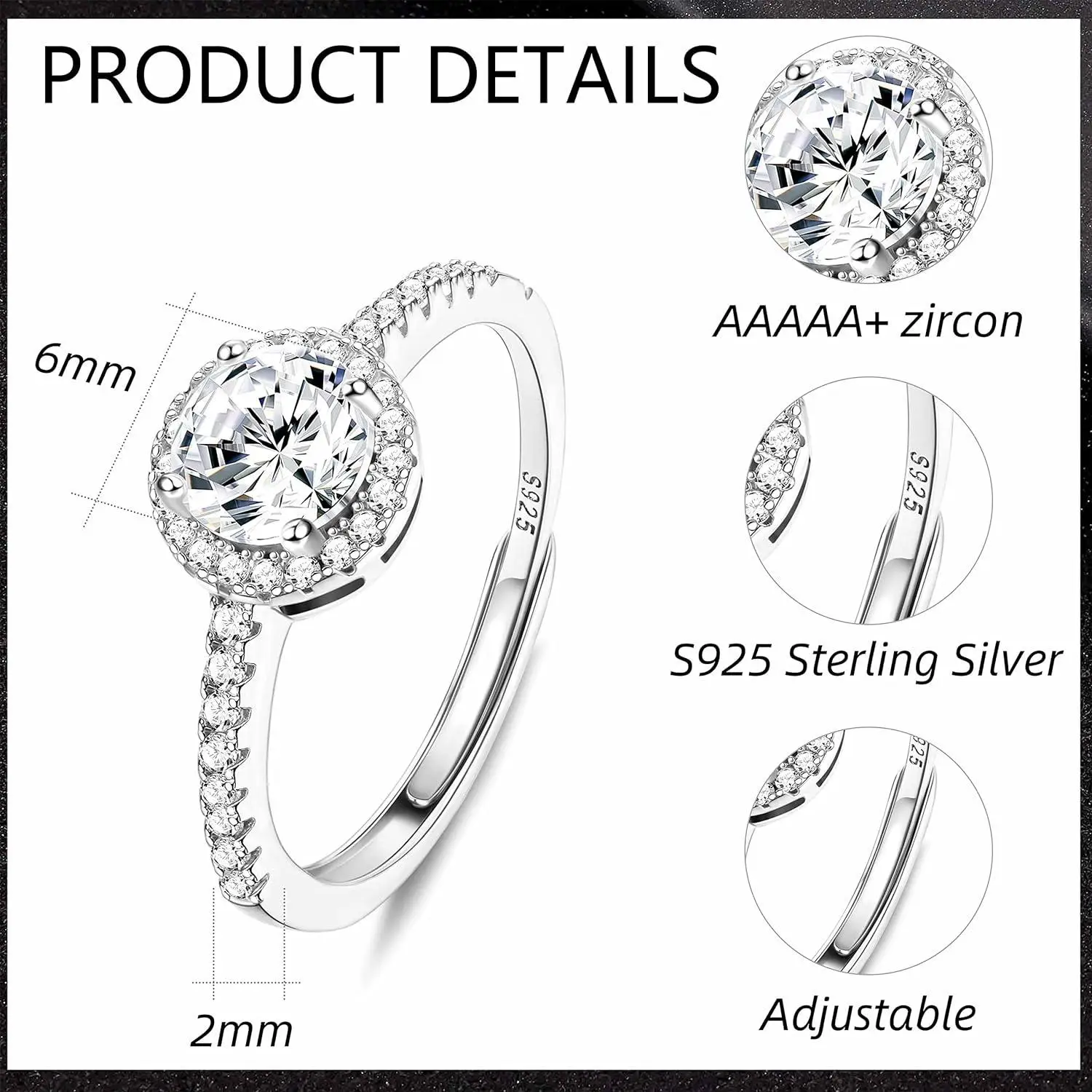 Fansilver 925 Sterling Silver Cubic Zirconia Rings for Women Round Square Solitaire Wedding Promise Eternity Ring Adjustable