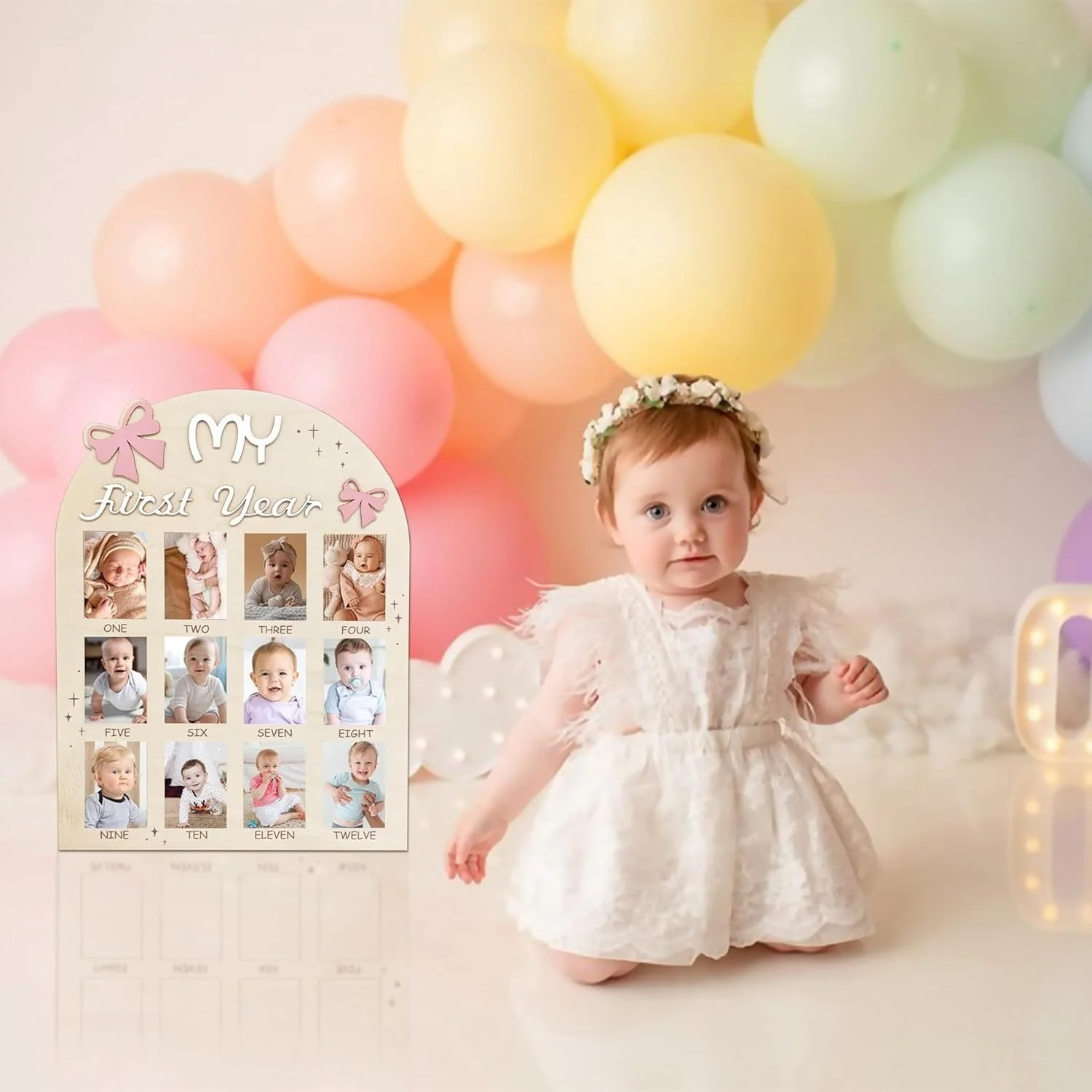 My Baby's First Year Wooden Photo Frame, 1-12 Months Baby Growth Memory Picture Display Board, Arched 3D Butterfly Decoration, Newborn Baby Baptism First Birthday Gift, Baby Room Desktop Home Decoration