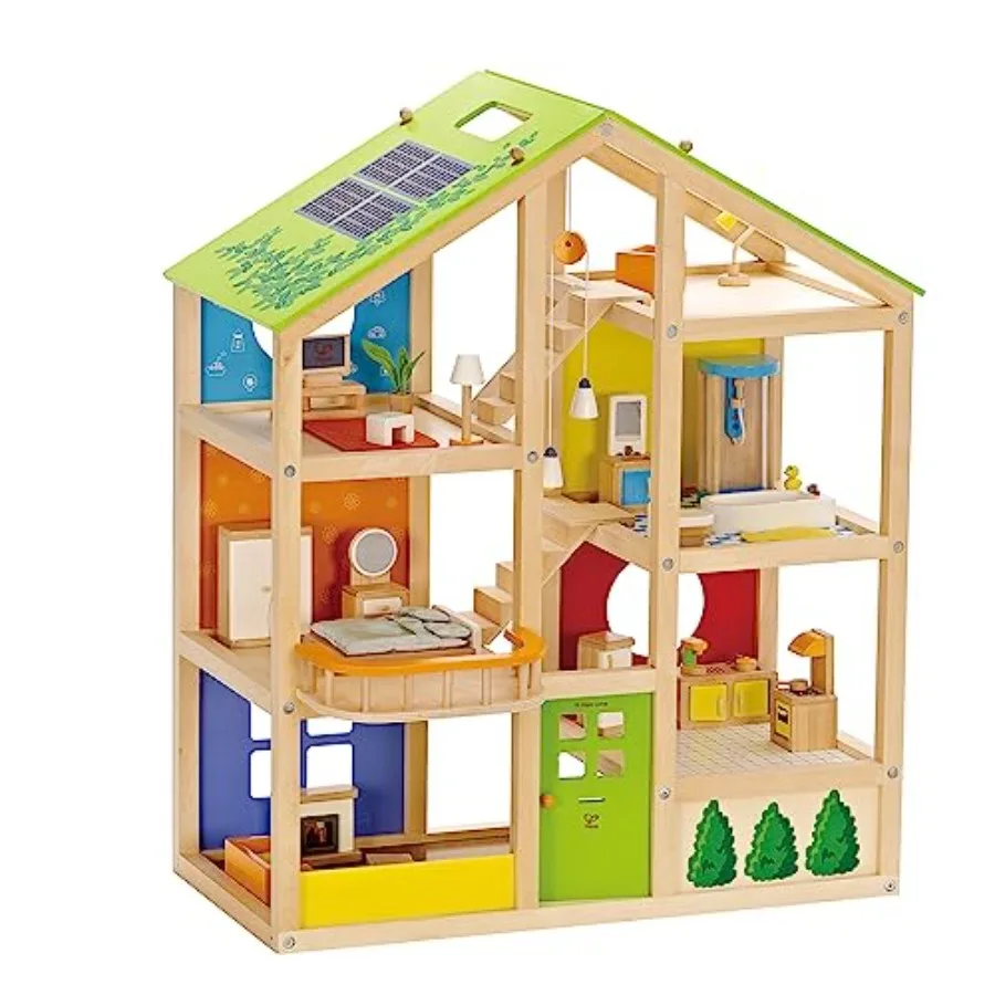 

All Seasons Wooden Dollhouse by Hape Award Winning 3 Story Dolls House Toy with Furniture Accessories Movable Stairs and Revers