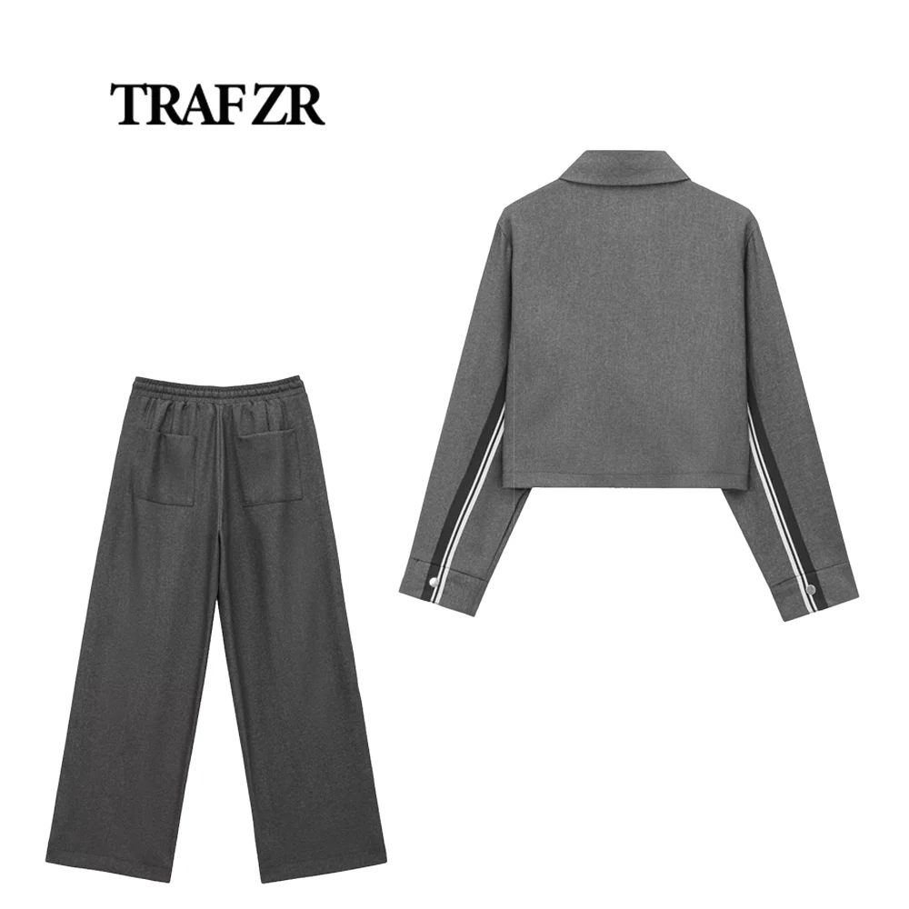 TRAF ZR New in Fashion Women's Pants Set Side Stripe Cropped Jacket Matching Wide Leg Pants with Adjustable Drawstring Waistband