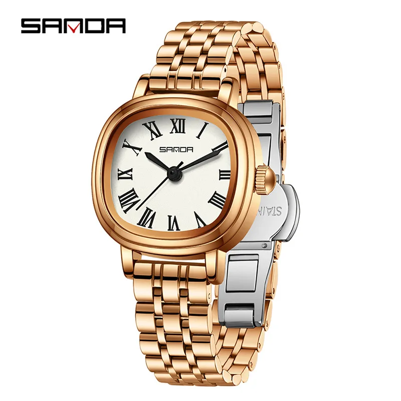 SANDA-Relógio quartzo feminino, ouro rosa, romano simples, visor analógico, pulseira de aço inoxidável, relógio de pulso feminino, moda elegante, 1137