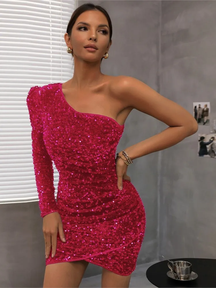 

Sexy Sloping Shoulder One-sleeve Dress For Women Fashionable Spring Summer Solid Color Slim Sequined Party Hip Dress For Women