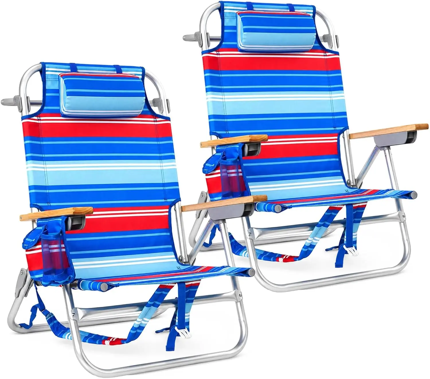 2 Pack Backpack Beach Chairs For Adults Low Profile 5 Position Reclining Beach Chair Set With Storage Pouch Towel Bar Lightweight Folding Aluminum Lay Flat Sand Lounger