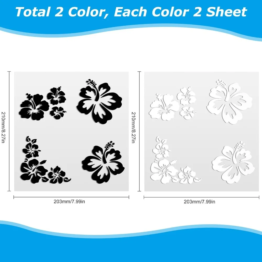 2 Color 4 Sheets Hibiscus Flower Car Sticker Hawaiian Stickers and Decals White Black Reflective Stickers Waterproof Vinyl