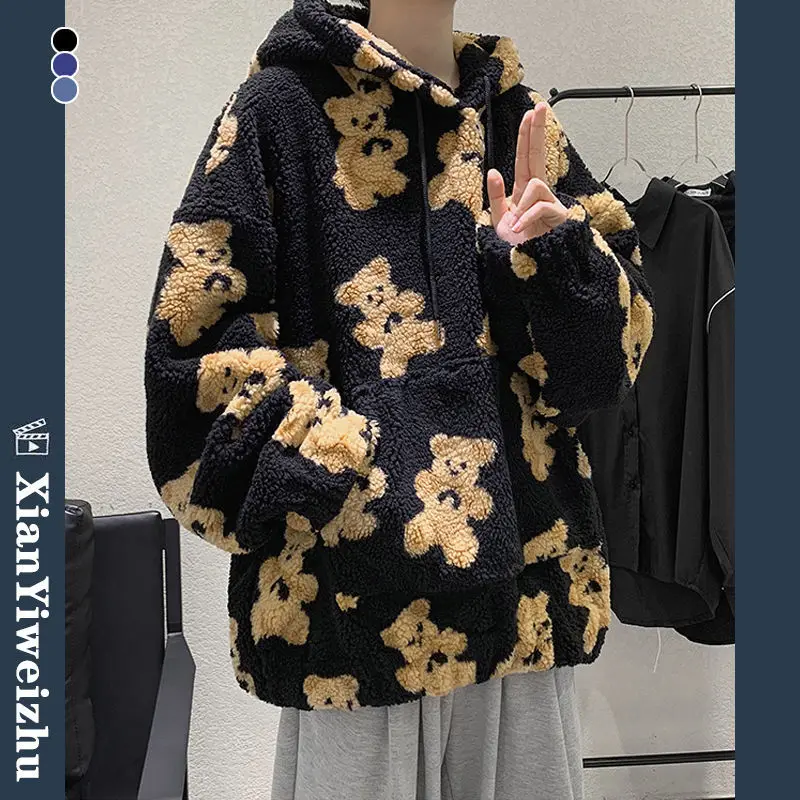 Chaqueta de felpa con estampado de corazón Harajuku para mujer, Abrigo con capucha de manga larga coreano, ropa de calle gruesa y cálida para pareja, Invierno 2023